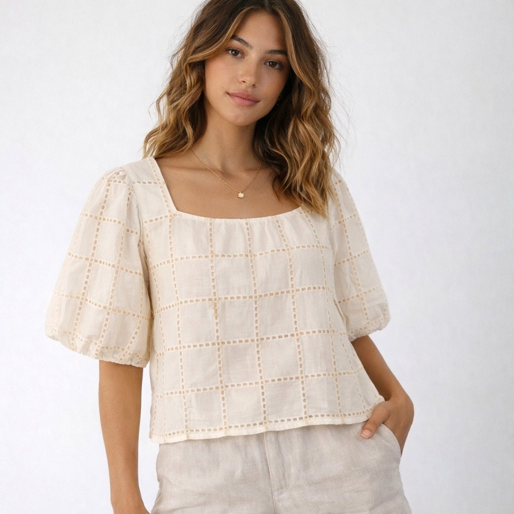 Melloday Ivory Eyelet Blouse XS Balloon Sleeve Top Cottagecore Minimalist Spring